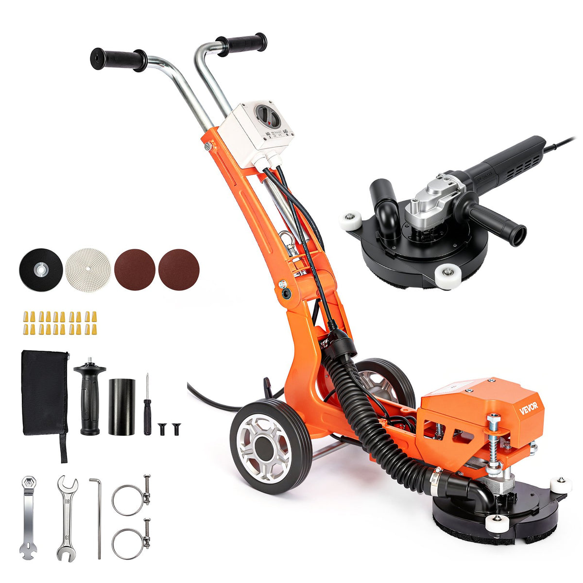 VEVOR Electric Concrete Grinder, 1400W 3600 RPM, Walk Behind Floor Polisher, Marble, Stone, Epoxy Floor Polishing, 7 in Grinding Disc, Adjustable Handle, with Vacuum Port, Dual Debris Control, Orange - DDHNTYMJ1600XZFX2001V1 - view 10