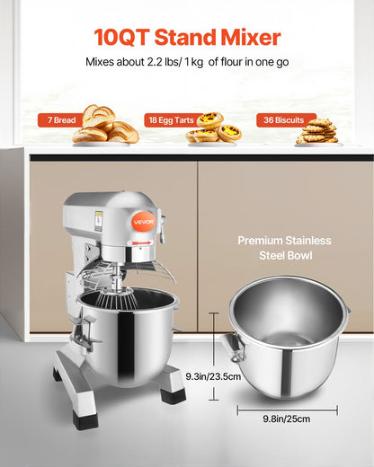 VEVOR Commercial Food Mixer 10Qt 450W 3 Speeds Adjustable 110/178/390 RPM Heavy Duty 110V with Stainless Steel Bowl Dough Hooks Whisk Beater Premium for Schools Bakeries Restaurants Pizzerias - DDJBJ10LCLSB10B01V1 - view 5