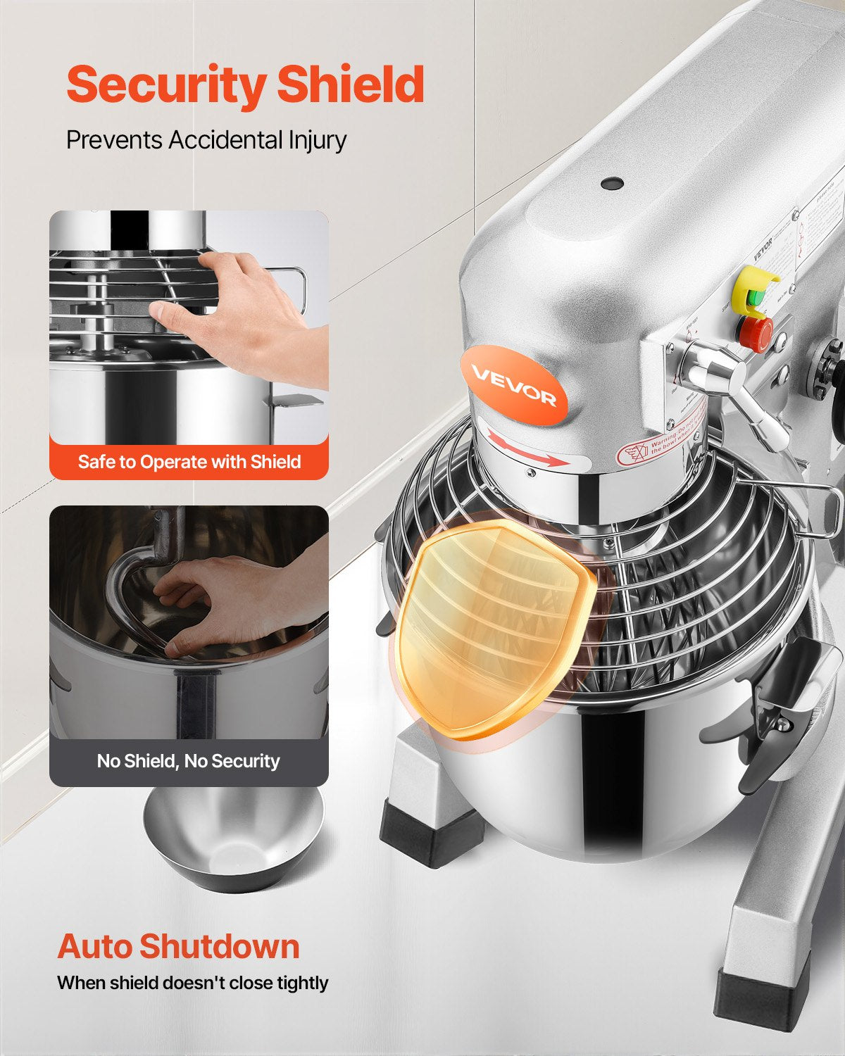 VEVOR Commercial Food Mixer 10Qt 450W 3 Speeds Adjustable 110/178/390 RPM Heavy Duty 110V with Stainless Steel Bowl Dough Hooks Whisk Beater Premium for Schools Bakeries Restaurants Pizzerias - DDJBJ10LCLSB10B01V1 - view 7
