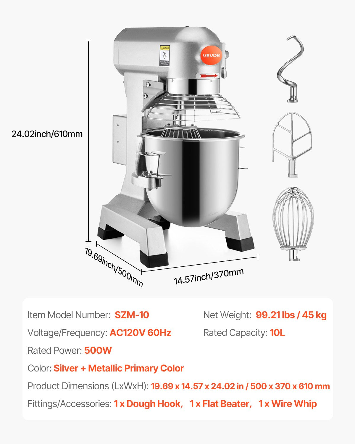 VEVOR Commercial Food Mixer 10Qt 450W 3 Speeds Adjustable 110/178/390 RPM Heavy Duty 110V with Stainless Steel Bowl Dough Hooks Whisk Beater Premium for Schools Bakeries Restaurants Pizzerias - DDJBJ10LCLSB10B01V1 - view 8
