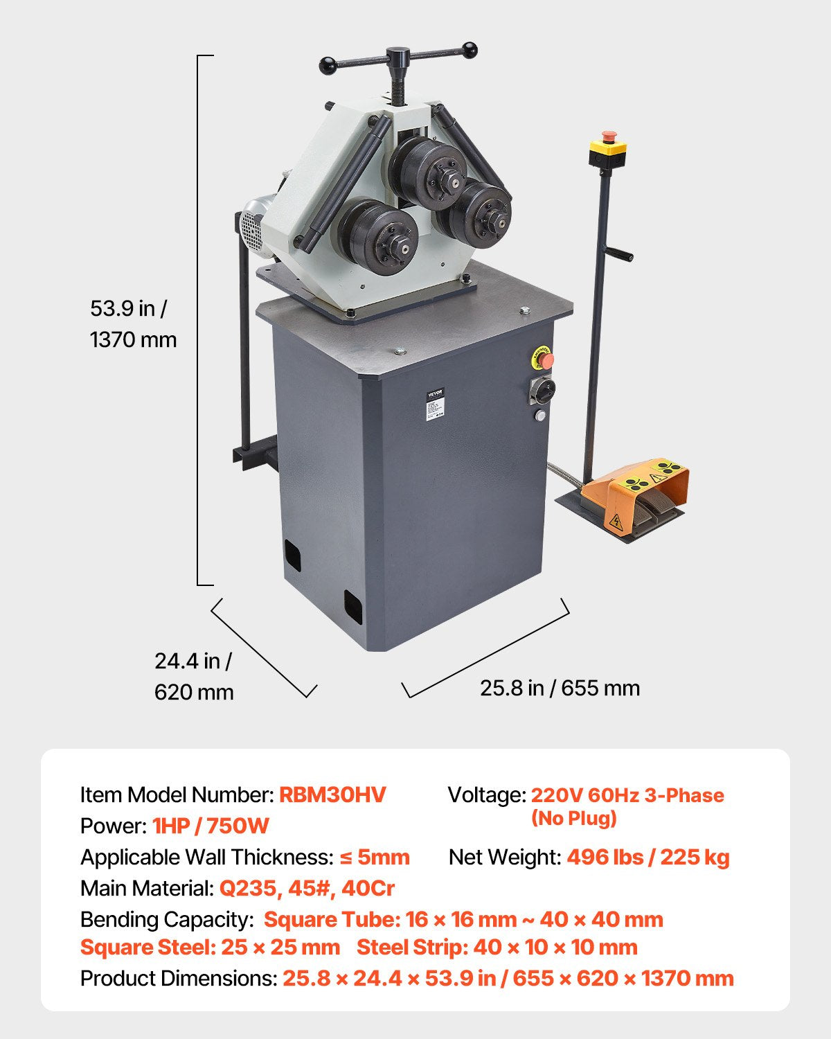 VEVOR 750W Electric Roll Bending Machine, 3-Roller Electric Pipe Bender Machine with Reversible Foot Switch, Support Horizontal/Vertical Operation (220V 60Hz 3-Phase, No Plug) - DDJGJ1636MM0NWBU1V4 - view 8