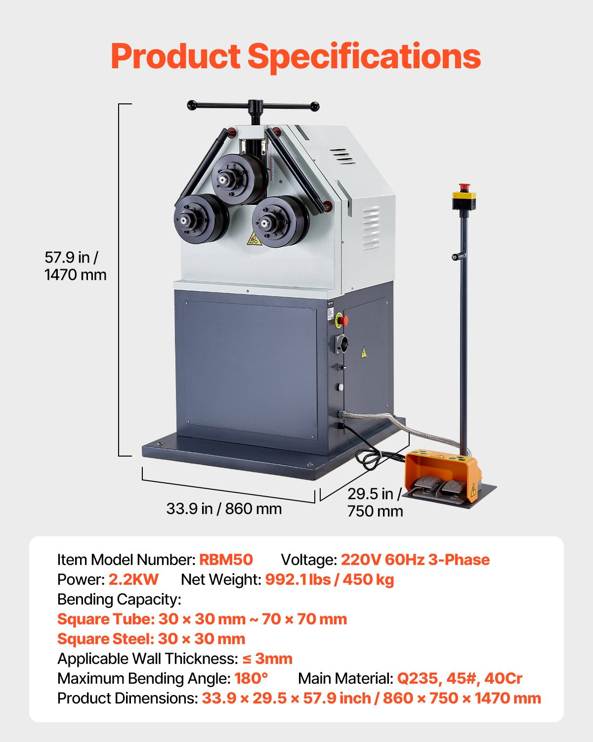 VEVOR 2.2KW Electric Roll Bending Machine, 3-Roller Electric Pipe Bender Machine with 180° Maximum Bending Angle & Reversible Foot Switch, Support Horizontal/Vertical Operation (220V 60Hz 3-Phase) - DDJGJ3070MM20GNSJV4 - view 8
