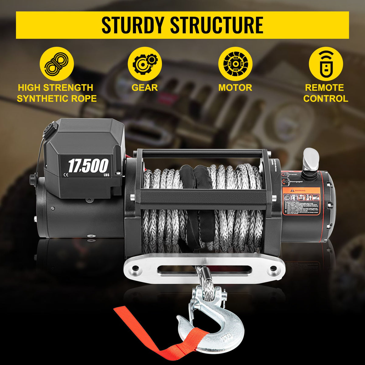 VEVOR 12V Electric Winch 17500 lbs Synthetic Rope 9.5 mm x 26 m Wireless ATV Winch - DDJP1.75WB2181H01A2 - view 3