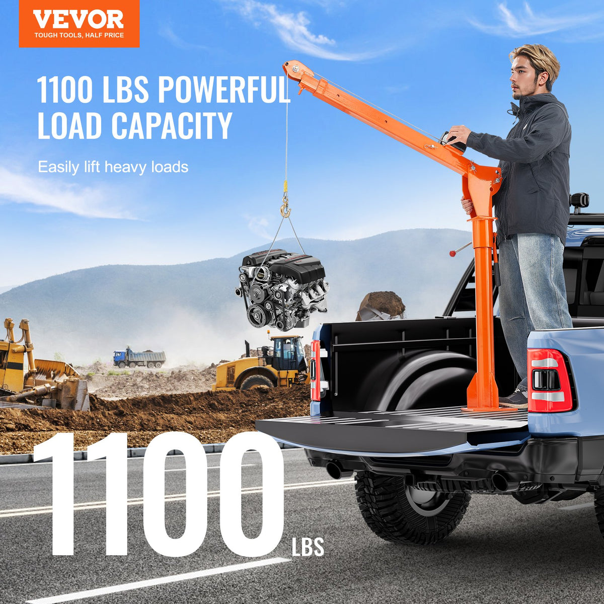 VEVOR Electric Pickup Truck Crane, 1100 lbs, Folding Truck-Mounted Bed Crane with Electric Winch 3500 lbs, Steel Pickup Truck Jib Crane Hoist 360° Swivel for Lifting Goods in Construction, Factory - DDJPCZDJDDJP4OMHJV9 - view 3