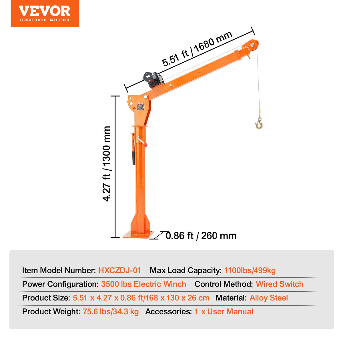 VEVOR Electric Pickup Truck Crane, 1100 lbs, Folding Truck-Mounted Bed Crane with Electric Winch 3500 lbs, Steel Pickup Truck Jib Crane Hoist 360° Swivel for Lifting Goods in Construction, Factory - DDJPCZDJDDJP4OMHJV9 - view 8