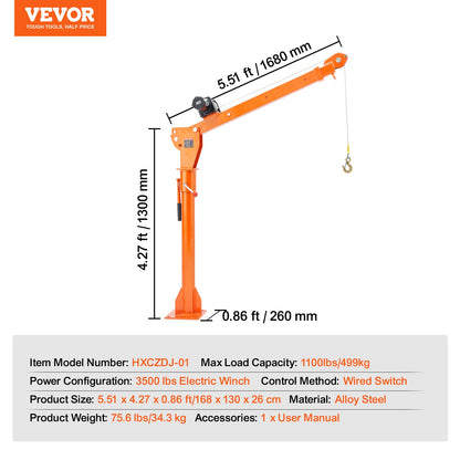 VEVOR Electric Pickup Truck Crane, 1100 lbs, Folding Truck-Mounted Bed Crane with Electric Winch 3500 lbs, Steel Pickup Truck Jib Crane Hoist 360° Swivel for Lifting Goods in Construction, Factory - DDJPCZDJDDJP4OMHJV9 - view 8