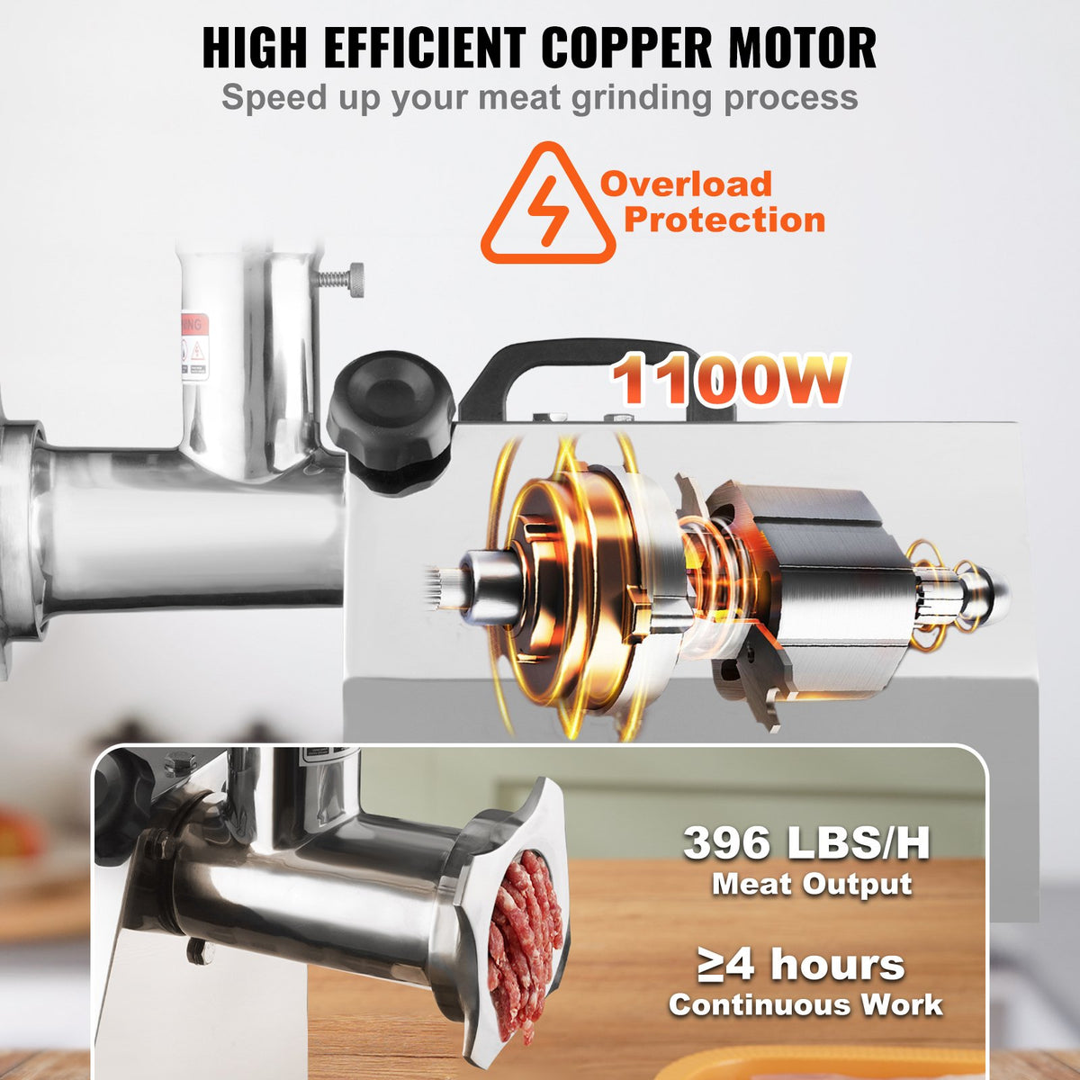 VEVOR Electric Meat Grinder, 794 Lb/H Capacity, 1100W (4600W MAX) Industrial Meat Mincer with 2 Blade, 3 Grinding Plates, Sausage Tubes 304 Stainless Steel Commercial Meat - DDJRJ750W80038FEQV1 - view 3