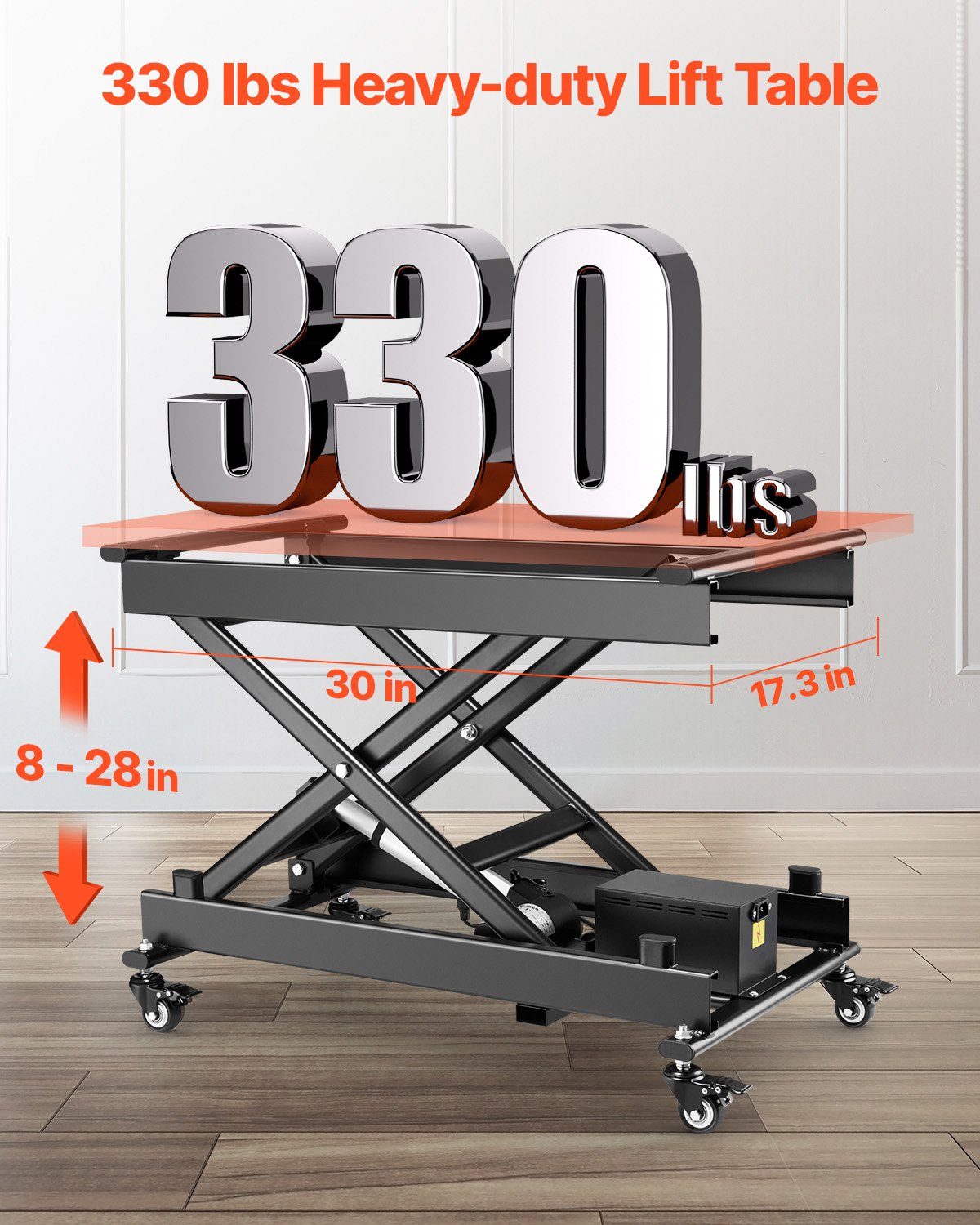 VEVOR Electric Lift Table, 330 lbs Capacity Single Scissor Lift Table, 8 - 28 in Height Adjustable Lifting Platform, Coffee Table lift with 4 Wheels, for Material Handling and Transportation, Black - DDJSSJPT350LBSAZ9V1 - view 3