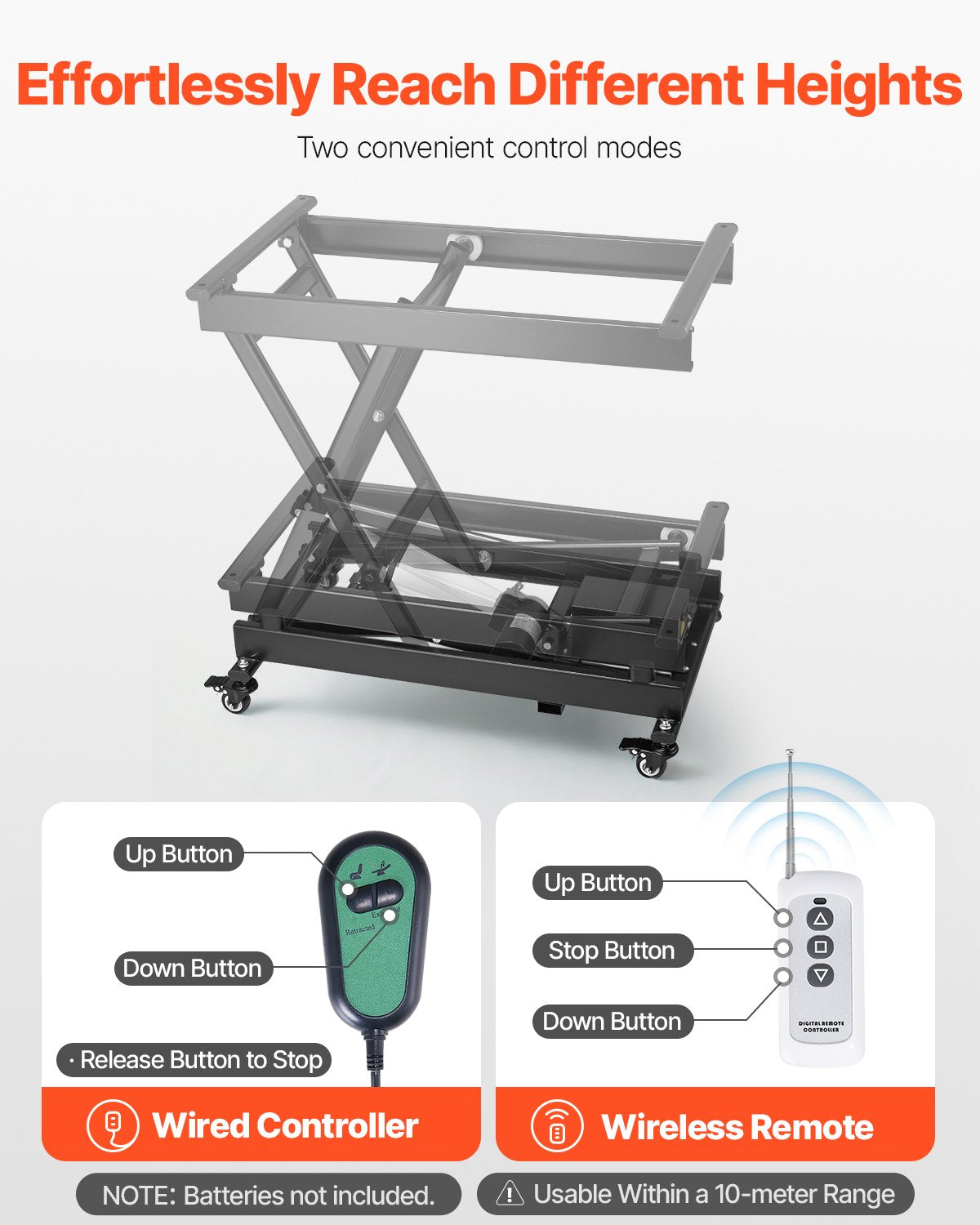 VEVOR Electric Lift Table, 330 lbs Capacity Single Scissor Lift Table, 8 - 28 in Height Adjustable Lifting Platform, Coffee Table lift with 4 Wheels, for Material Handling and Transportation, Black - DDJSSJPT350LBSAZ9V1 - view 5