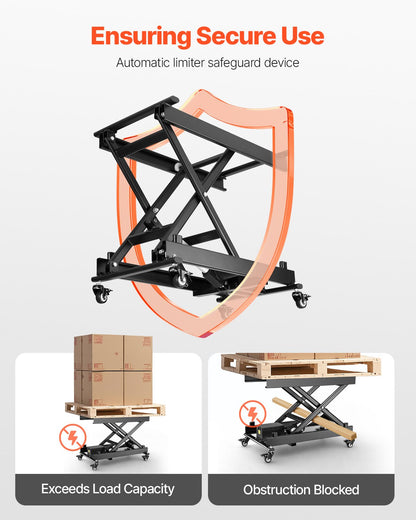 VEVOR Electric Lift Table, 330 lbs Capacity Single Scissor Lift Table, 8 - 28 in Height Adjustable Lifting Platform, Coffee Table lift with 4 Wheels, for Material Handling and Transportation, Black - DDJSSJPT350LBSAZ9V1 - view 7