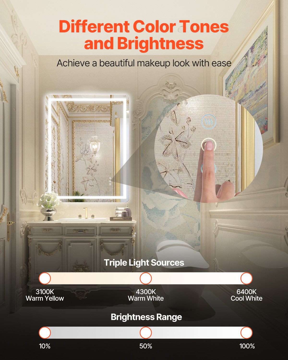 VEVOR LED Bathroom Mirror, 28" x 36" LED Bathroom Vanity Mirror with Frontlit and Backlit, Anti-Fog Memory Mirror with Lights, Stepless 3 Colors Temperature Dimmable Bathroom Mirror, Wall Mounted - DDJXJ2836INCX9WBYV1 - view 3