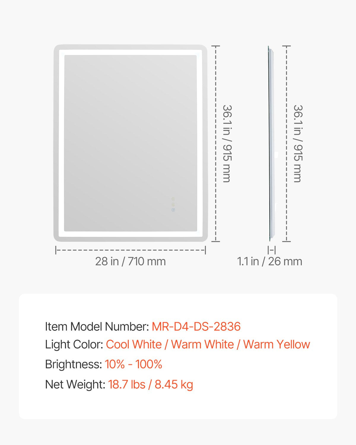 VEVOR LED Bathroom Mirror, 28" x 36" LED Bathroom Vanity Mirror with Frontlit and Backlit, Anti-Fog Memory Mirror with Lights, Stepless 3 Colors Temperature Dimmable Bathroom Mirror, Wall Mounted - DDJXJ2836INCX9WBYV1 - view 8