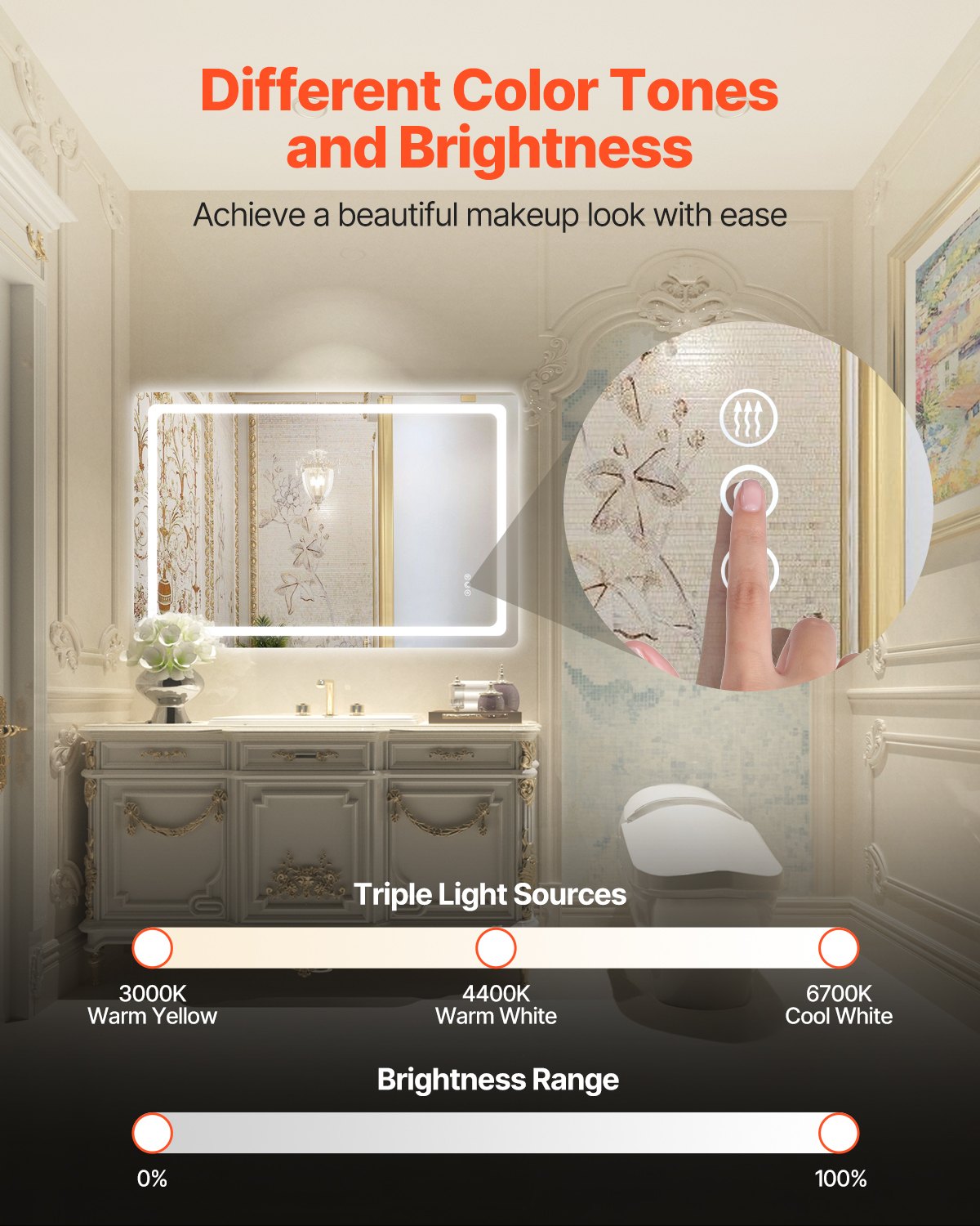 VEVOR LED Bathroom Mirror, 32" x 48" LED Bathroom Vanity Mirror with Frontlit and Backlit, Anti-Fog Memory Mirror with Lights, Stepless 3 Colors Temperature Dimmable Bathroom Mirror, Wall Mounted - DDJXJ3248INC968O2V1 - view 3