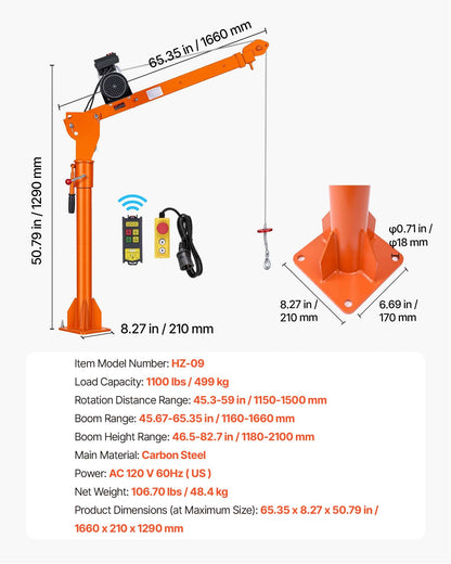VEVOR Electric Truck Crane, 1100 lbs Pickup Truck Crane with PA800 Electric Hoist, 360° Rotating Telescopic Boom, Premium Galvanized Steel,Foldable Pickup Bed Jib Hoist for Machine Lumber Lifting - DDKCZDJDDHLCGBNL4001V1 - view 7