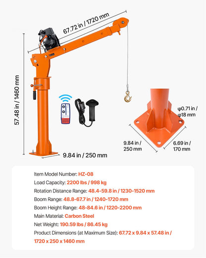 VEVOR Electric Truck Crane, 2200 lbs Pickup Truck Crane with 12V 6000 lbs Electric Winch, 360° Rotating Telescopic Boom, Premium Galvanized Steel, Foldable Pickup Bed Jib for Machine Lumber Lifting - DDKCZDJDDJPCV711N001V9 - view 7