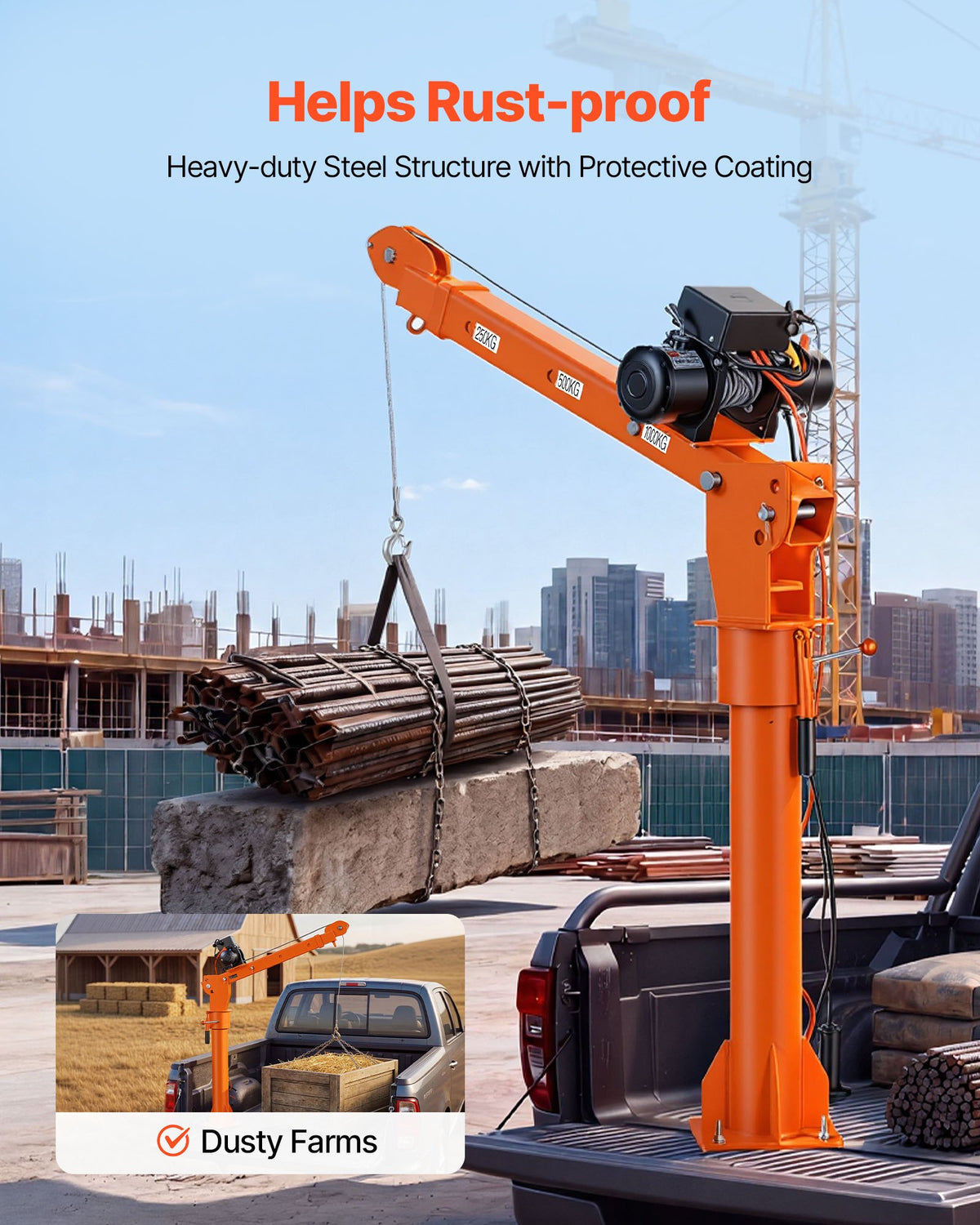 VEVOR Electric Truck Crane, 2200 lbs Pickup Truck Crane with 12V 6000 lbs Electric Winch, 360° Rotating Telescopic Boom, Premium Galvanized Steel, Foldable Pickup Bed Jib for Machine Lumber Lifting - DDKCZDJDDJPCV711N001V9 - view 8
