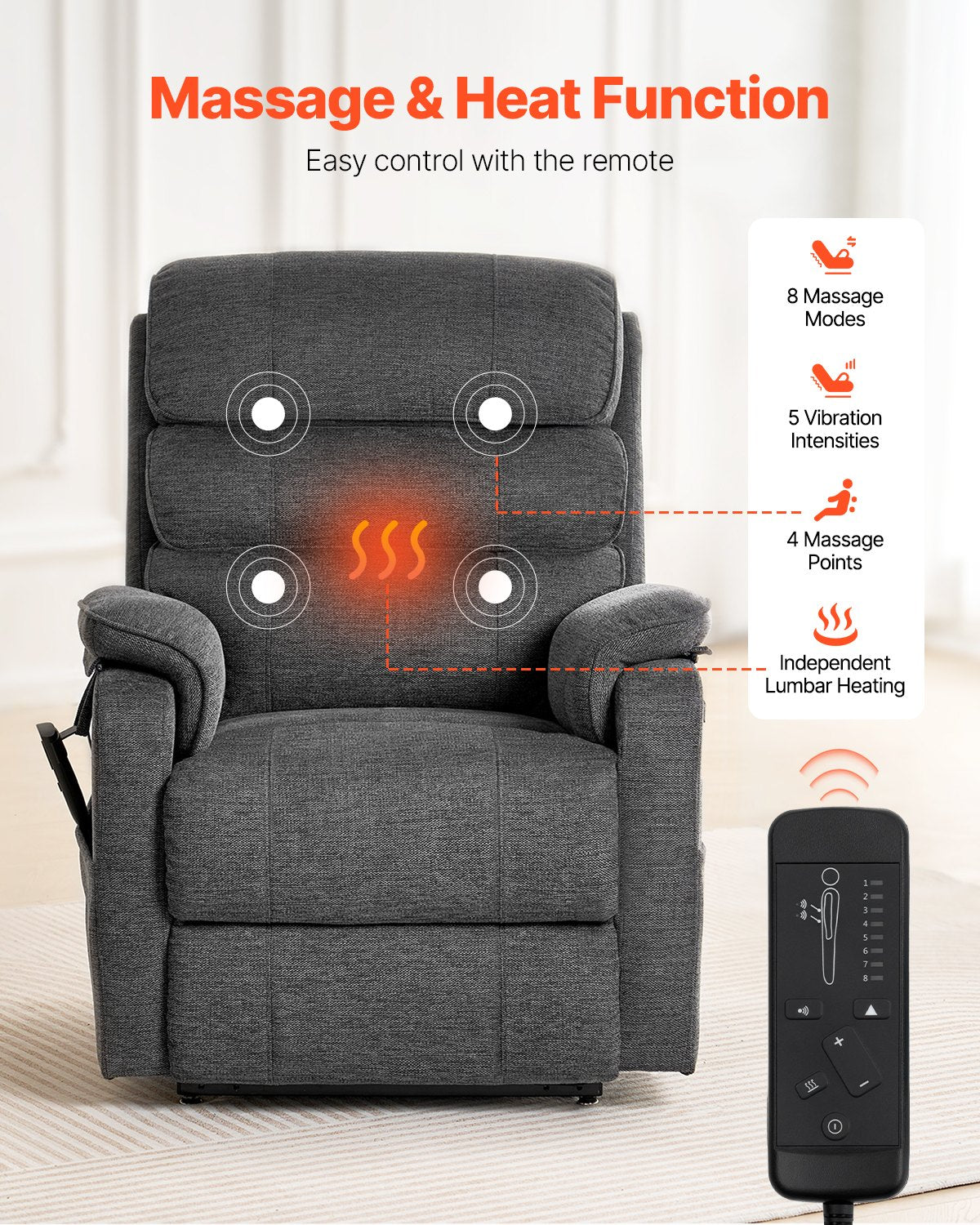 VEVOR Power Lift Recliner Chair, Lift Chair with Heat and Massage for Elderly, Dual Motor Recliner Chair with 2 Anti-Fall Ropes, Infinite Position Adjustment Electric Recliner (Medium, Dark Gray) - DDKDTYSDJZCCE9P4DV1 - view 3