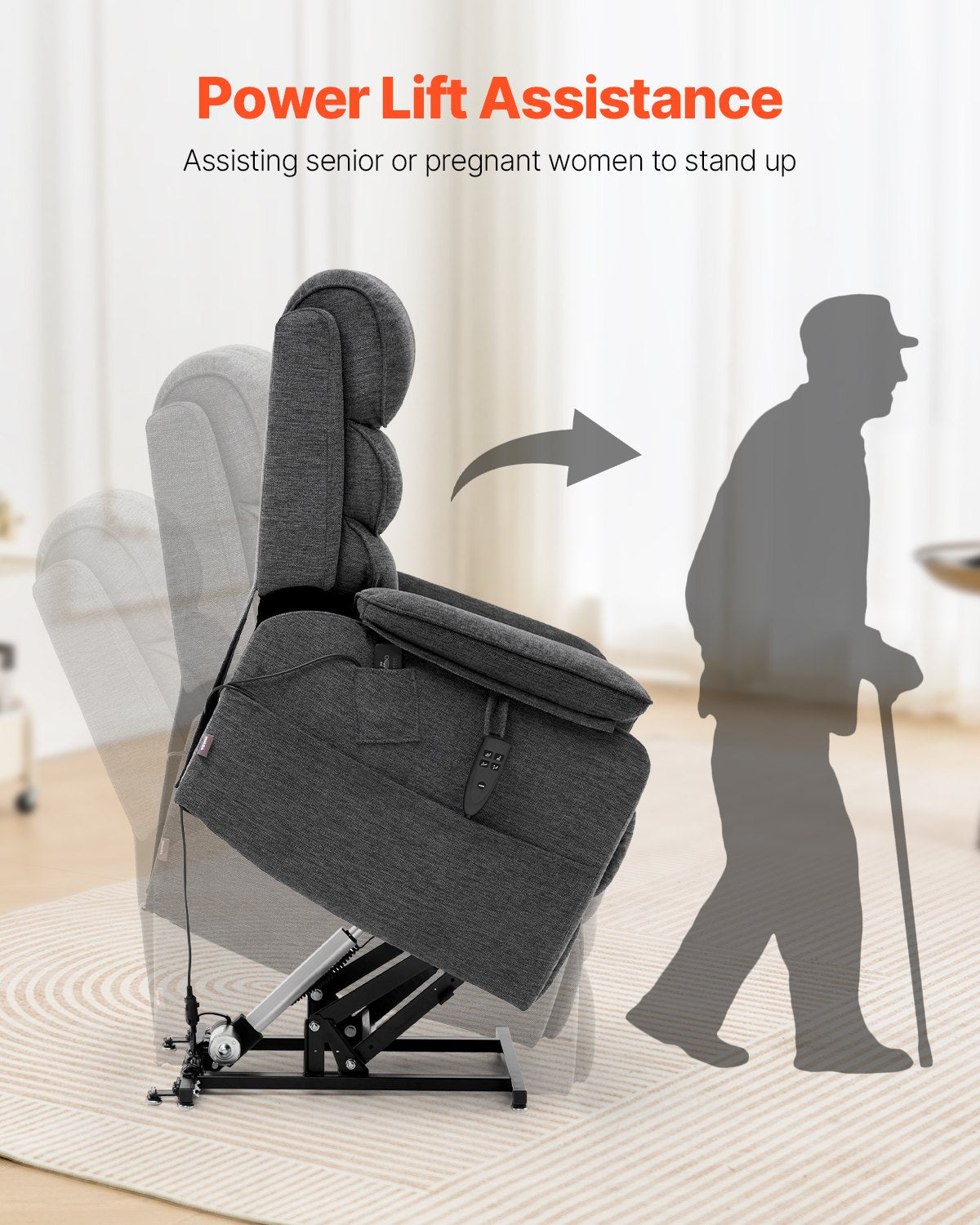 VEVOR Power Lift Recliner Chair, Lift Chair with Heat and Massage for Elderly, Dual Motor Recliner Chair with 2 Anti-Fall Ropes, Infinite Position Adjustment Electric Recliner (Medium, Dark Gray) - DDKDTYSDJZCCE9P4DV1 - view 5