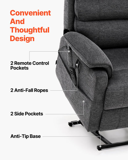 VEVOR Power Lift Recliner Chair, Lift Chair with Heat and Massage for Elderly, Dual Motor Recliner Chair with 2 Anti-Fall Ropes, Infinite Position Adjustment Electric Recliner (Medium, Dark Gray) - DDKDTYSDJZCCE9P4DV1 - view 7