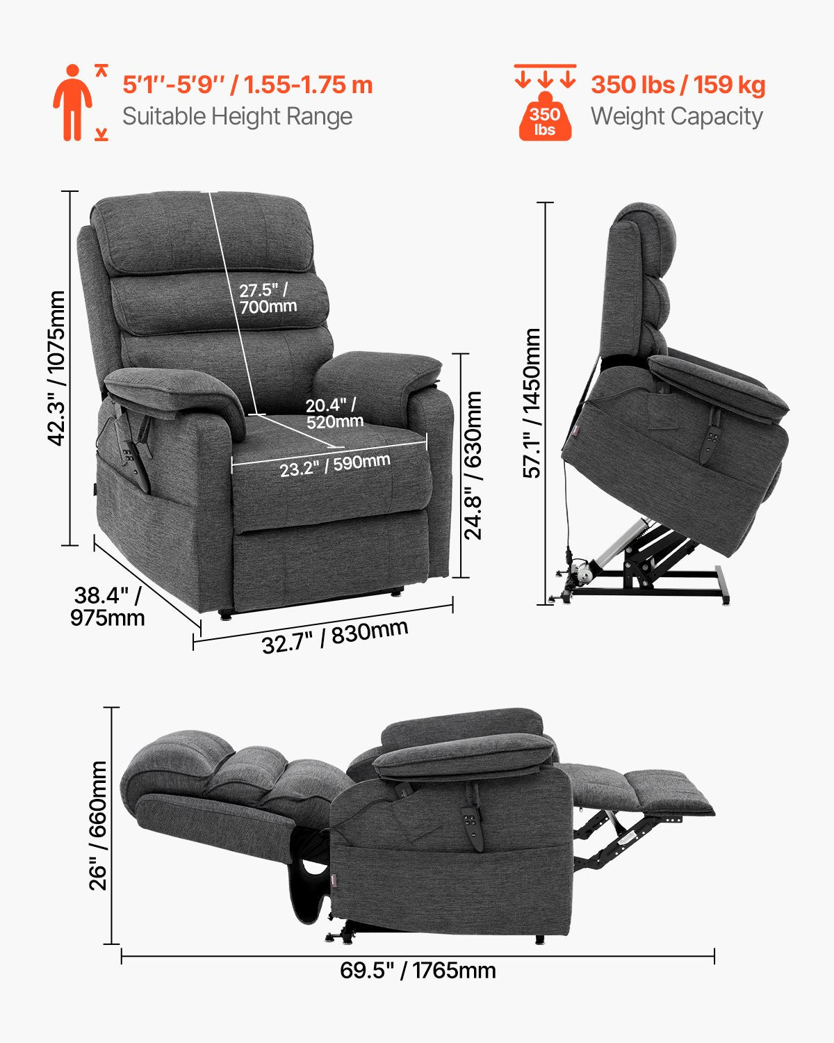 VEVOR Power Lift Recliner Chair, Lift Chair with Heat and Massage for Elderly, Dual Motor Recliner Chair with 2 Anti-Fall Ropes, Infinite Position Adjustment Electric Recliner (Medium, Dark Gray) - DDKDTYSDJZCCE9P4DV1 - view 8