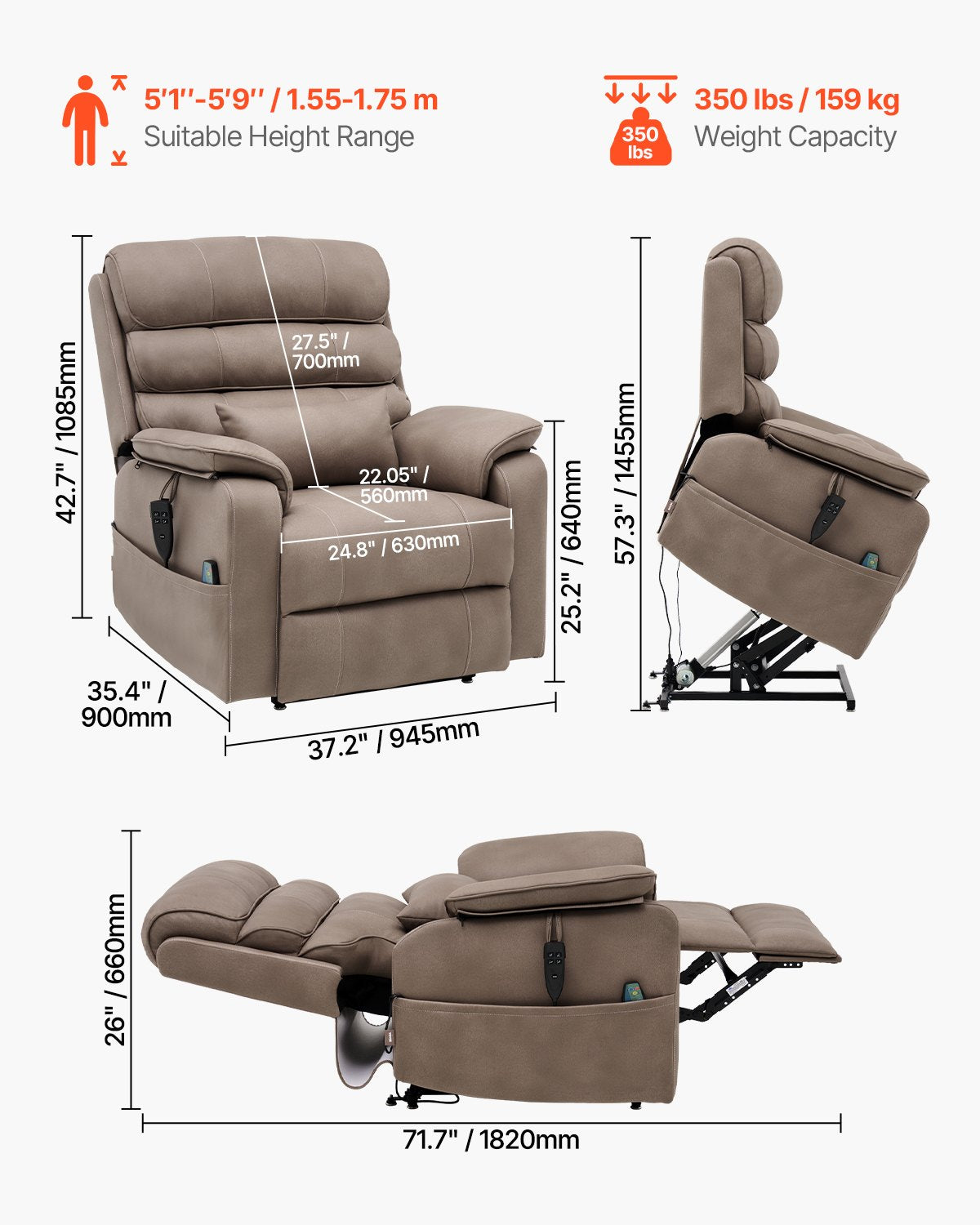 VEVOR Power Lift Recliner Chair, Lift Chair with Heat and Massage for Elderly, Dual Motor Recliner Chair with a  Cup holder, Infinite Position Adjustment Electric Recliner (Medium-Wide, Light Brown) - DDKDTYSDJZCCTH0JRV1 - view 8