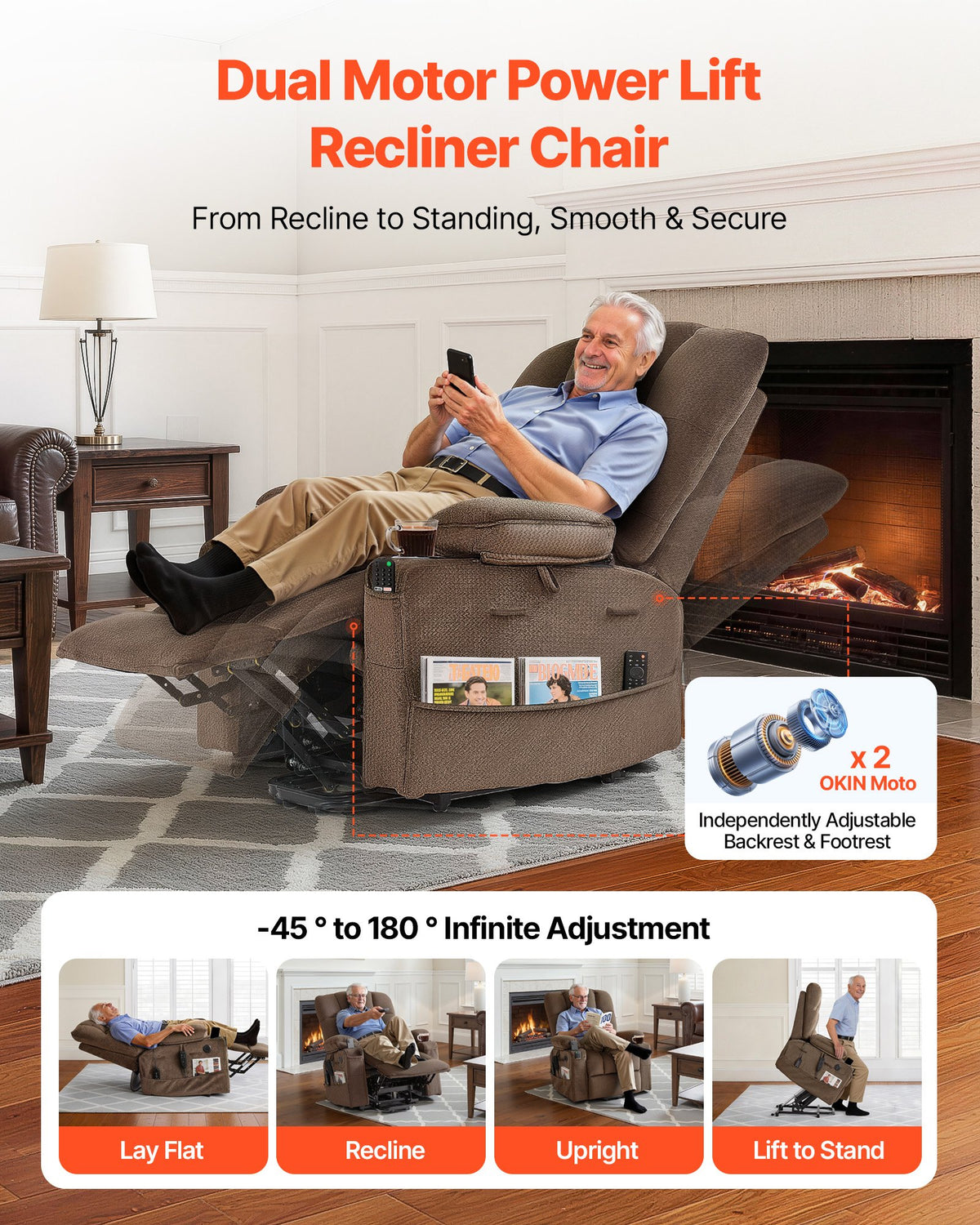 VEVOR Power Lift Recliner Chair, Dual Motor, Large Electric Lift Chair with Heat and Massage for Elderly, Infinite Position Adjustment, Velvet Fabric, with Side and Front Pockets, Cup Holders, Brown - DDKDTYSHSBLDUW56K001V1 - view 3