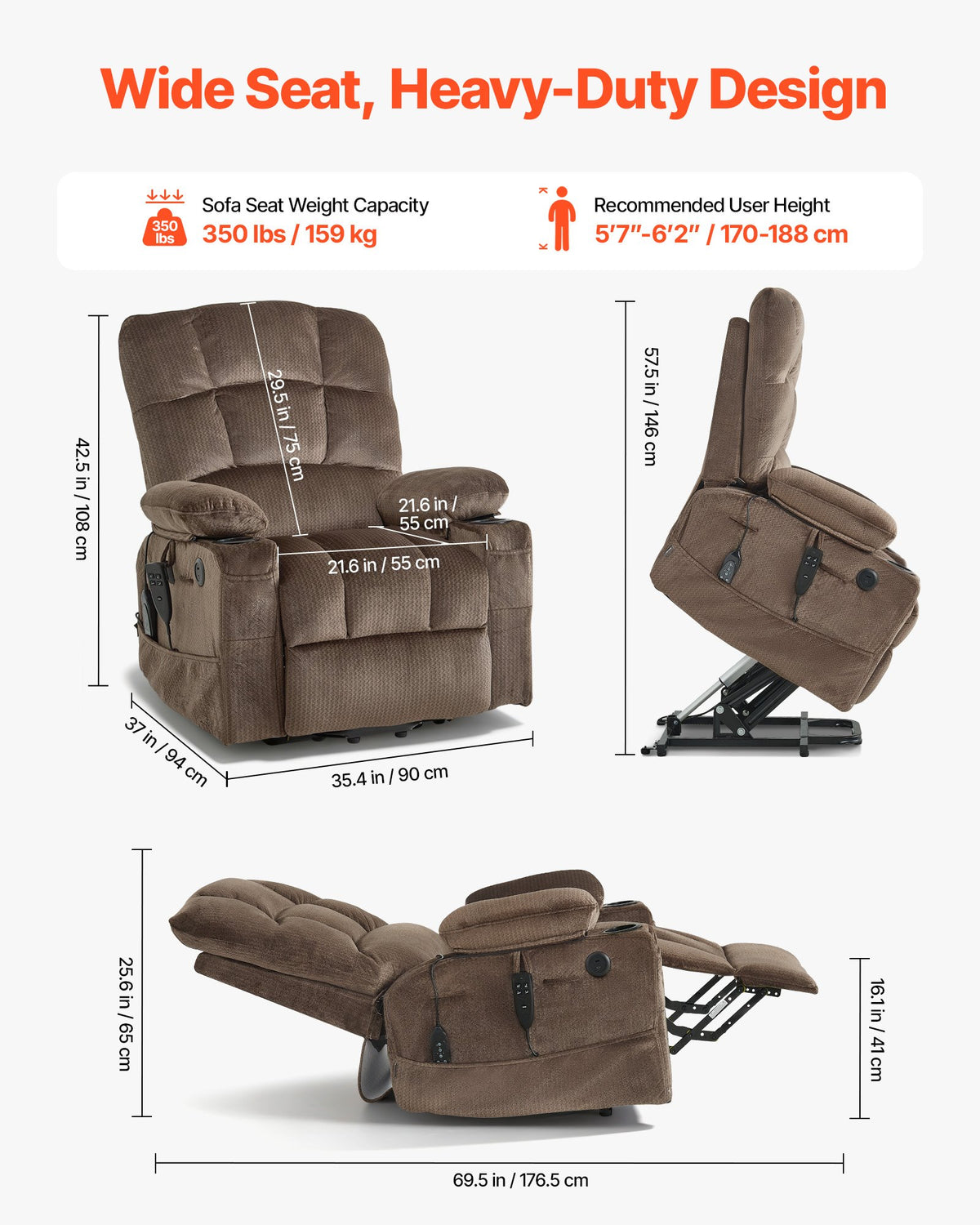 VEVOR Power Lift Recliner Chair, Dual Motor, Large Electric Lift Chair with Heat and Massage for Elderly, Infinite Position Adjustment, Velvet Fabric, with Side and Front Pockets, Cup Holders, Brown - DDKDTYSHSBLDUW56K001V1 - view 4
