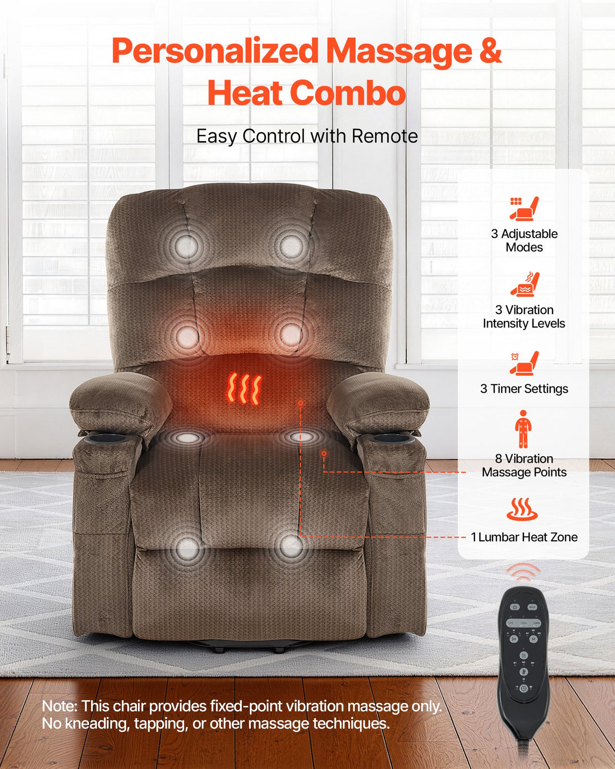 VEVOR Power Lift Recliner Chair, Dual Motor, Large Electric Lift Chair with Heat and Massage for Elderly, Infinite Position Adjustment, Velvet Fabric, with Side and Front Pockets, Cup Holders, Brown - DDKDTYSHSBLDUW56K001V1 - view 5