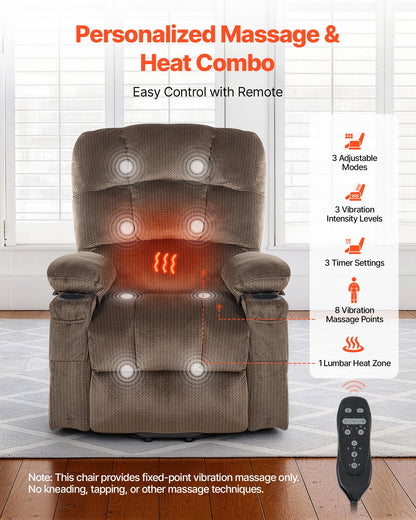 VEVOR Power Lift Recliner Chair, Dual Motor, Large Electric Lift Chair with Heat and Massage for Elderly, Infinite Position Adjustment, Velvet Fabric, with Side and Front Pockets, Cup Holders, Brown - DDKDTYSHSBLDUW56K001V1 - view 5