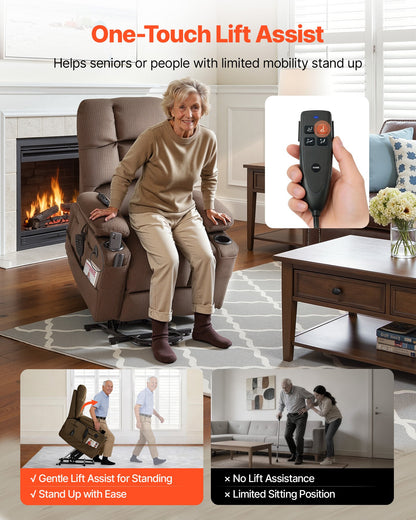 VEVOR Power Lift Recliner Chair, Dual Motor, Large Electric Lift Chair with Heat and Massage for Elderly, Infinite Position Adjustment, Velvet Fabric, with Side and Front Pockets, Cup Holders, Brown - DDKDTYSHSBLDUW56K001V1 - view 6