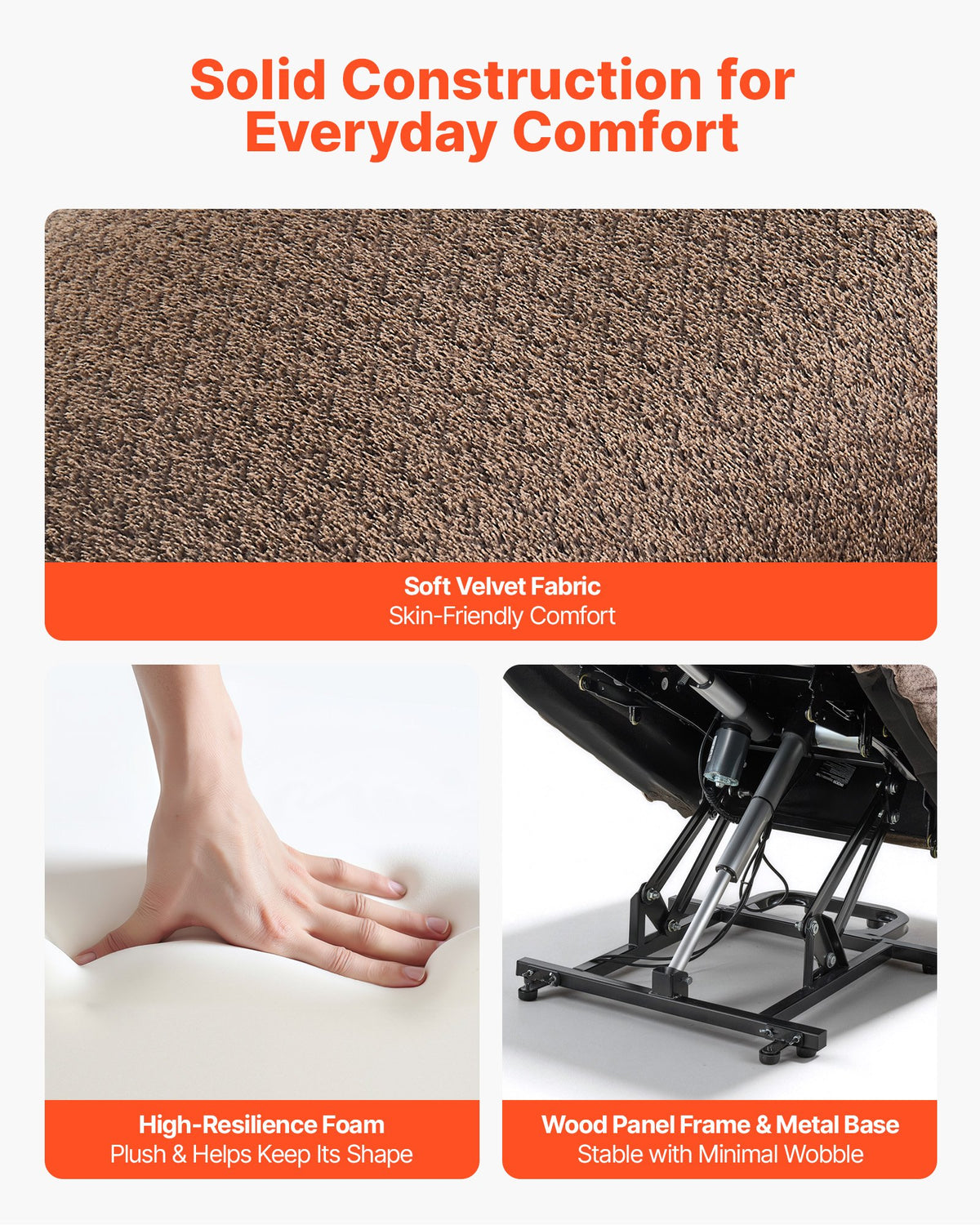 VEVOR Power Lift Recliner Chair, Dual Motor, Large Electric Lift Chair with Heat and Massage for Elderly, Infinite Position Adjustment, Velvet Fabric, with Side and Front Pockets, Cup Holders, Brown - DDKDTYSHSBLDUW56K001V1 - view 7