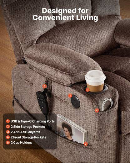 VEVOR Power Lift Recliner Chair, Dual Motor, Large Electric Lift Chair with Heat and Massage for Elderly, Infinite Position Adjustment, Velvet Fabric, with Side and Front Pockets, Cup Holders, Brown - DDKDTYSHSBLDUW56K001V1 - view 8