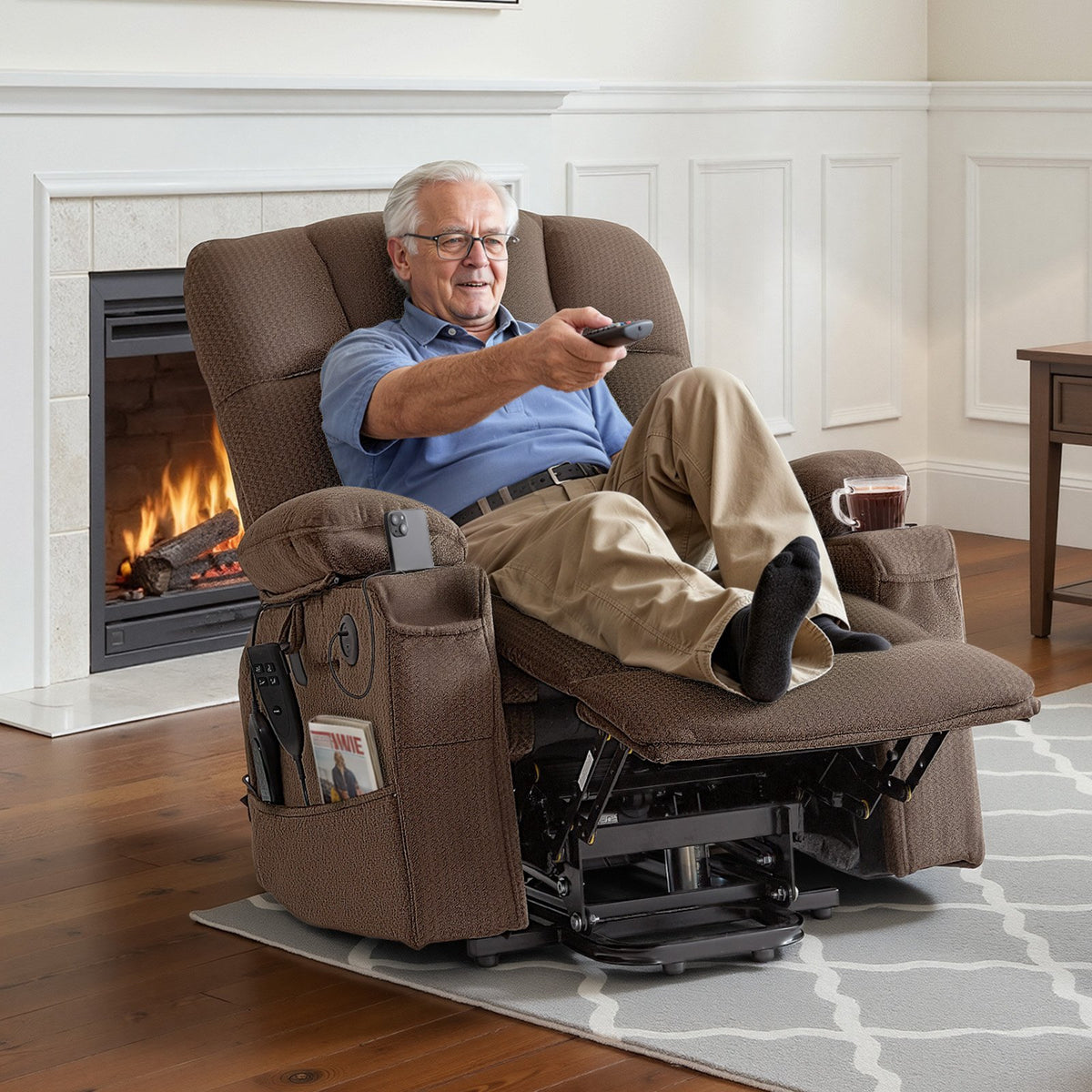 VEVOR Power Lift Recliner Chair, Dual Motor, Large Electric Lift Chair with Heat and Massage for Elderly, Infinite Position Adjustment, Velvet Fabric, with Side and Front Pockets, Cup Holders, Brown - DDKDTYSHSBLDUW56K001V1 - view 9
