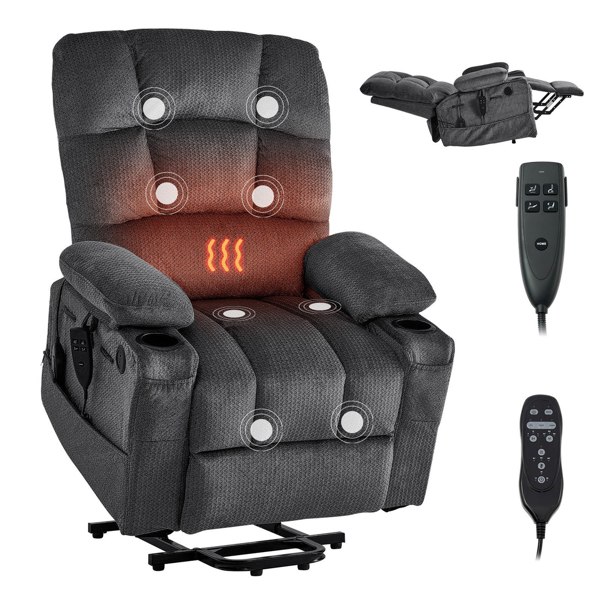 VEVOR Power Lift Recliner Chair, Dual Motor, Large Electric Lift Chair with Heat and Massage for Elderly, Infinite Position Adjustment, Velvet Fabric, with Storage Pockets, Cup Holders, Dark Gray - DDKDTYSHSRBDJNGSP001V1 - view 1