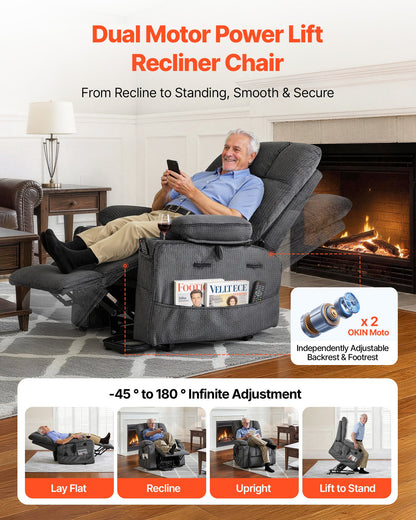 VEVOR Power Lift Recliner Chair, Dual Motor, Large Electric Lift Chair with Heat and Massage for Elderly, Infinite Position Adjustment, Velvet Fabric, with Storage Pockets, Cup Holders, Dark Gray - DDKDTYSHSRBDJNGSP001V1 - view 3