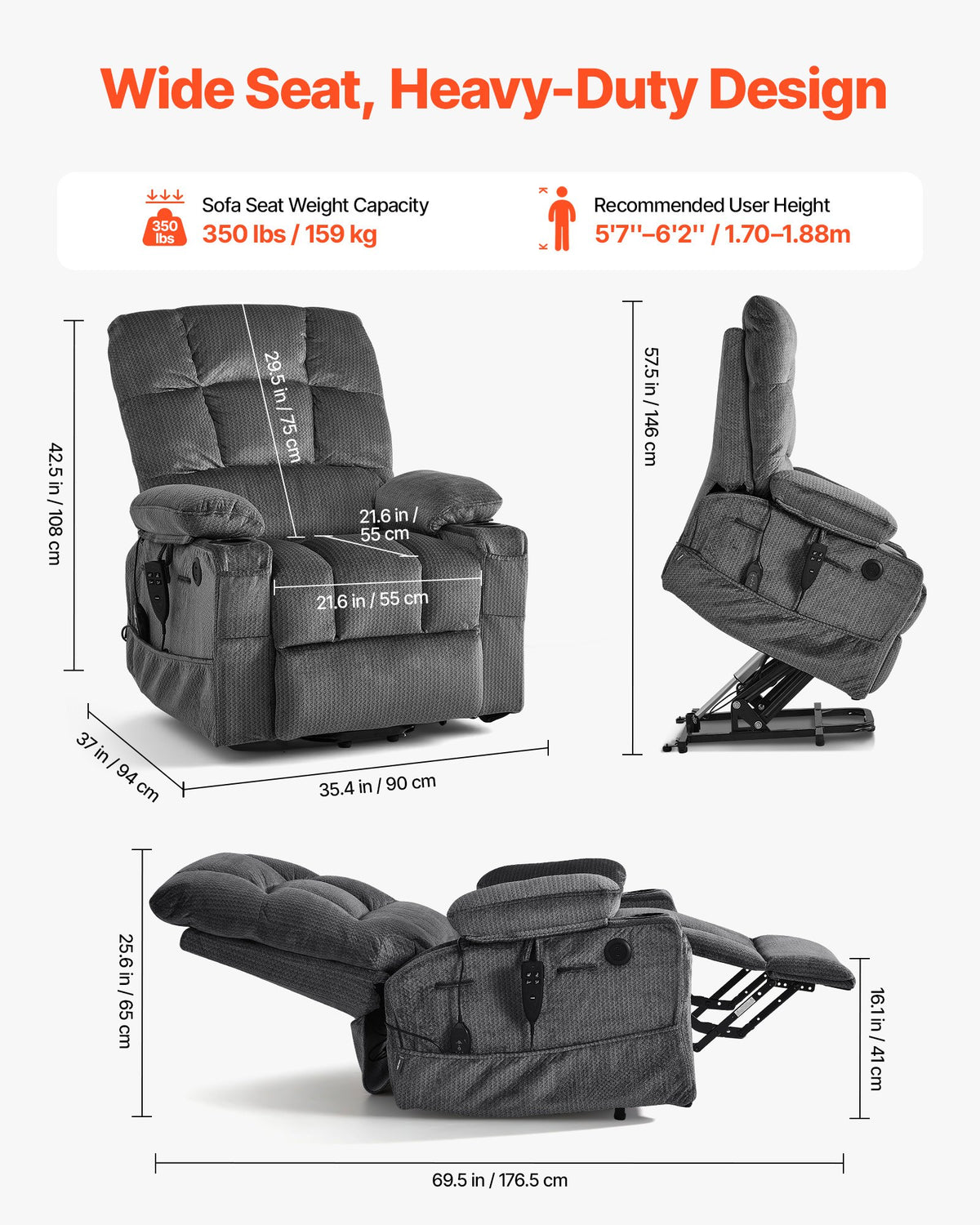 VEVOR Power Lift Recliner Chair, Dual Motor, Large Electric Lift Chair with Heat and Massage for Elderly, Infinite Position Adjustment, Velvet Fabric, with Storage Pockets, Cup Holders, Dark Gray - DDKDTYSHSRBDJNGSP001V1 - view 4