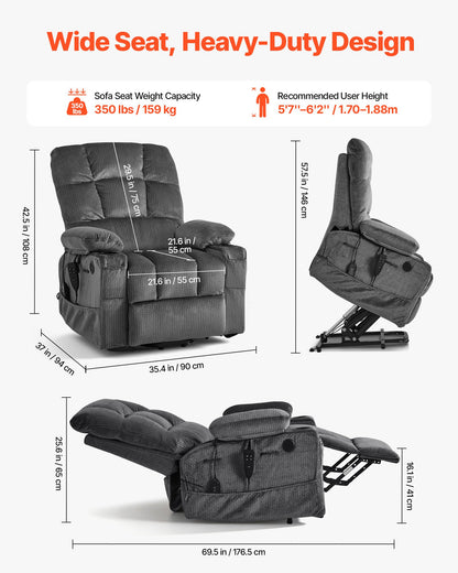 VEVOR Power Lift Recliner Chair, Dual Motor, Large Electric Lift Chair with Heat and Massage for Elderly, Infinite Position Adjustment, Velvet Fabric, with Storage Pockets, Cup Holders, Dark Gray - DDKDTYSHSRBDJNGSP001V1 - view 4