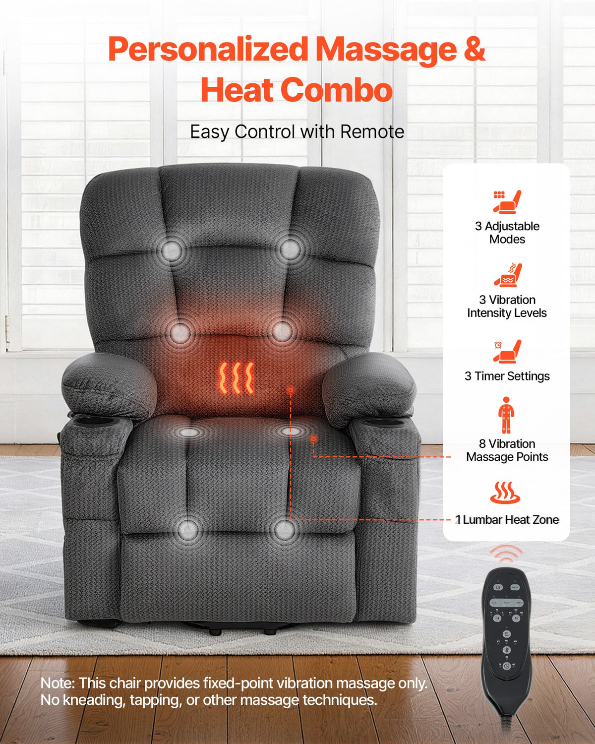 VEVOR Power Lift Recliner Chair, Dual Motor, Large Electric Lift Chair with Heat and Massage for Elderly, Infinite Position Adjustment, Velvet Fabric, with Storage Pockets, Cup Holders, Dark Gray - DDKDTYSHSRBDJNGSP001V1 - view 5