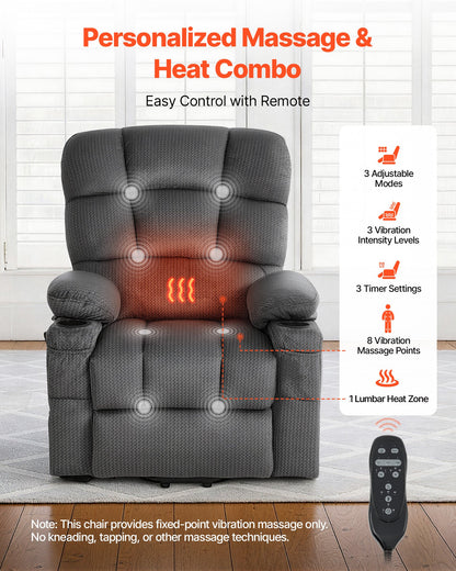 VEVOR Power Lift Recliner Chair, Dual Motor, Large Electric Lift Chair with Heat and Massage for Elderly, Infinite Position Adjustment, Velvet Fabric, with Storage Pockets, Cup Holders, Dark Gray - DDKDTYSHSRBDJNGSP001V1 - view 5