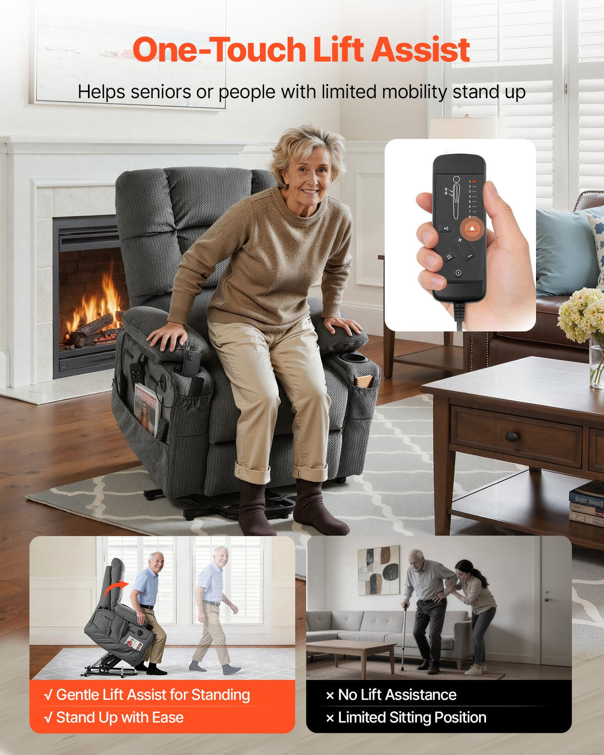VEVOR Power Lift Recliner Chair, Dual Motor, Large Electric Lift Chair with Heat and Massage for Elderly, Infinite Position Adjustment, Velvet Fabric, with Storage Pockets, Cup Holders, Dark Gray - DDKDTYSHSRBDJNGSP001V1 - view 6