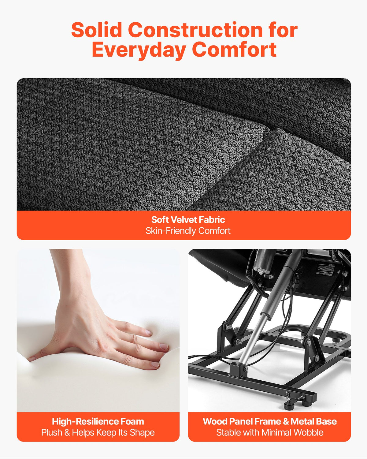 VEVOR Power Lift Recliner Chair, Dual Motor, Large Electric Lift Chair with Heat and Massage for Elderly, Infinite Position Adjustment, Velvet Fabric, with Storage Pockets, Cup Holders, Dark Gray - DDKDTYSHSRBDJNGSP001V1 - view 7
