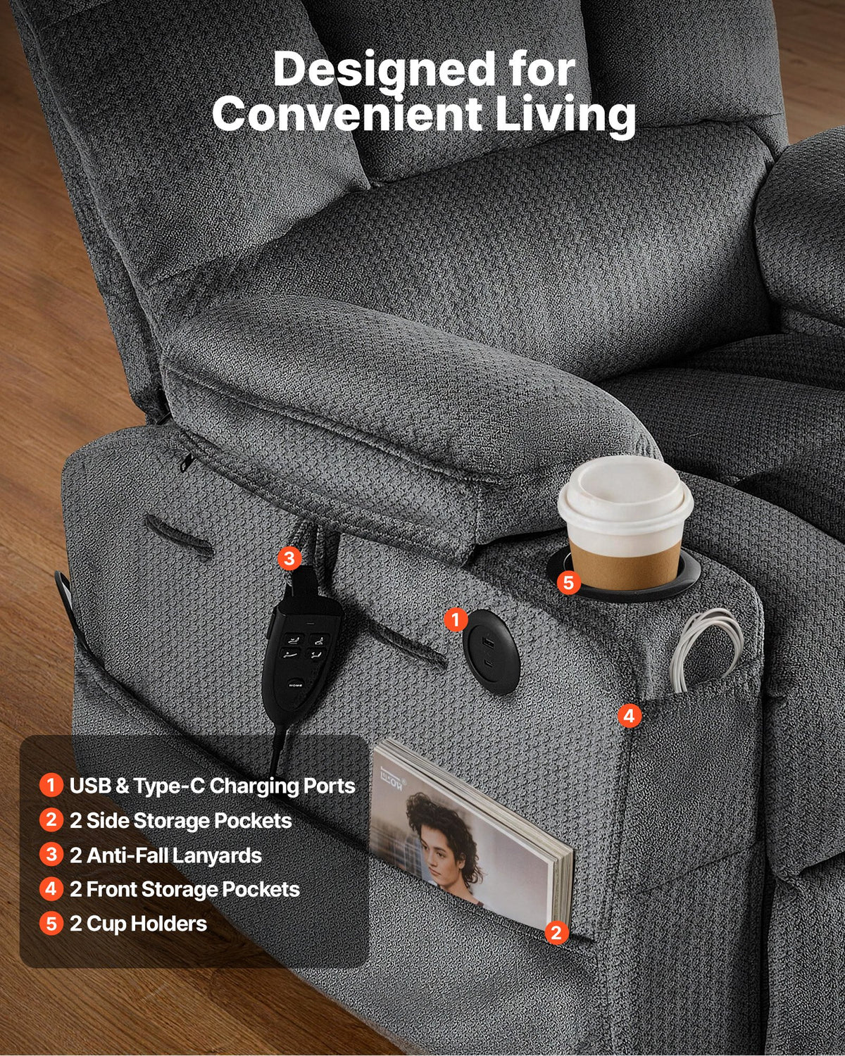 VEVOR Power Lift Recliner Chair, Dual Motor, Large Electric Lift Chair with Heat and Massage for Elderly, Infinite Position Adjustment, Velvet Fabric, with Storage Pockets, Cup Holders, Dark Gray - DDKDTYSHSRBDJNGSP001V1 - view 8