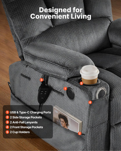 VEVOR Power Lift Recliner Chair, Dual Motor, Large Electric Lift Chair with Heat and Massage for Elderly, Infinite Position Adjustment, Velvet Fabric, with Storage Pockets, Cup Holders, Dark Gray - DDKDTYSHSRBDJNGSP001V1 - view 8