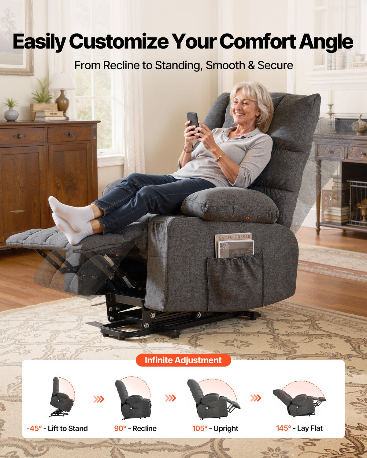 VEVOR Power Lift Recliner Chair, Large Electric Lift Chair with Heat and Massage for Elderly, Infinite Position Adjustment, Chenille Fabric, with Side Pockets, Cup Holders and USB Port, Dark Gray - DDKDTYZSBLDCW3F6T001V1 - view 3