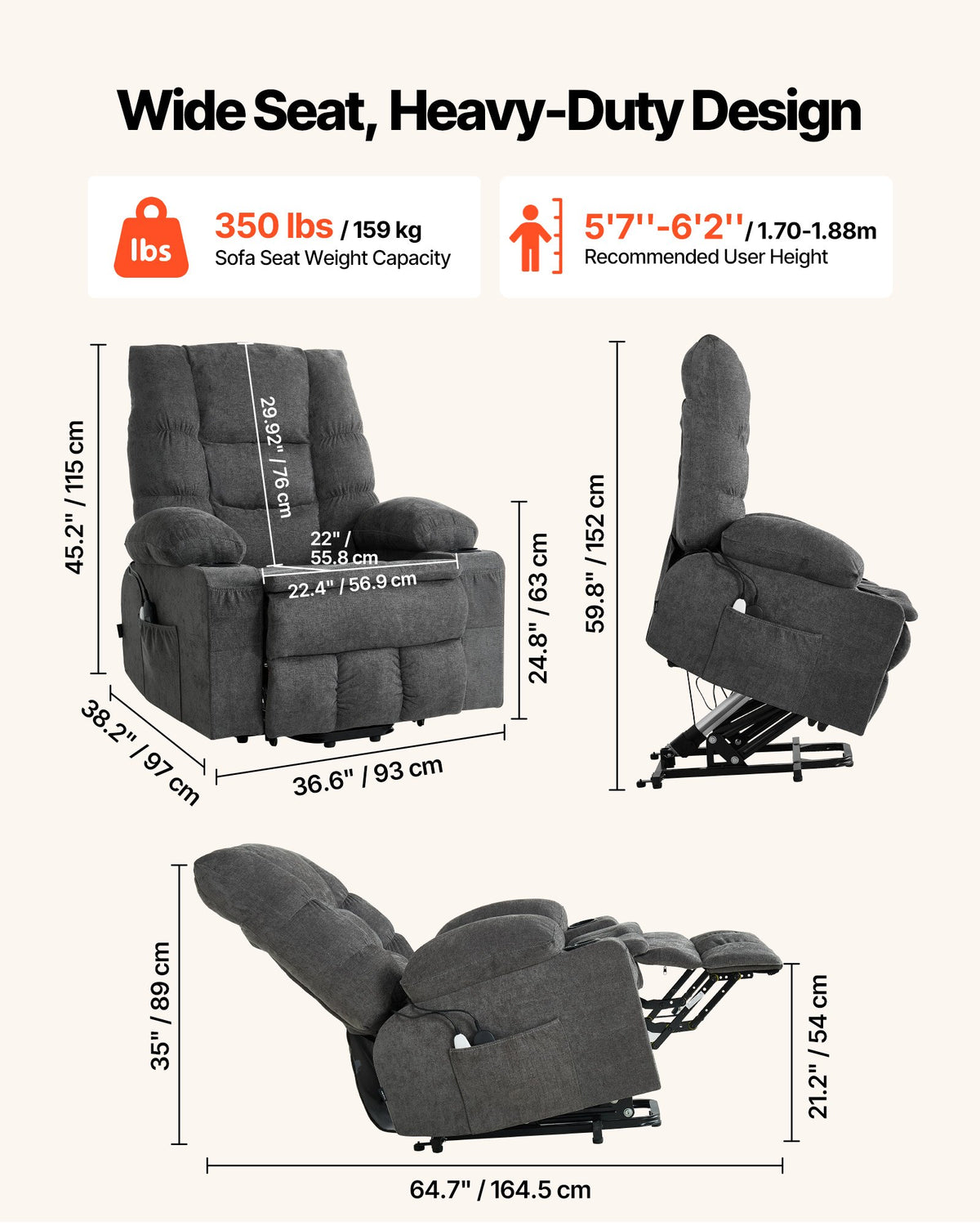 VEVOR Power Lift Recliner Chair, Large Electric Lift Chair with Heat and Massage for Elderly, Infinite Position Adjustment, Chenille Fabric, with Side Pockets, Cup Holders and USB Port, Dark Gray - DDKDTYZSBLDCW3F6T001V1 - view 4