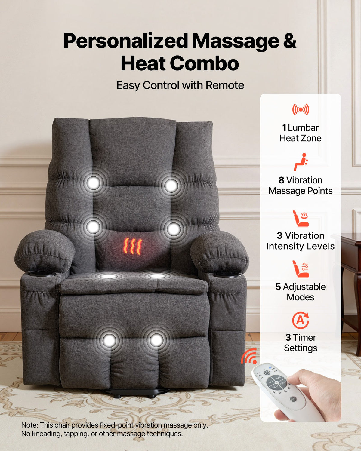 VEVOR Power Lift Recliner Chair, Large Electric Lift Chair with Heat and Massage for Elderly, Infinite Position Adjustment, Chenille Fabric, with Side Pockets, Cup Holders and USB Port, Dark Gray - DDKDTYZSBLDCW3F6T001V1 - view 5