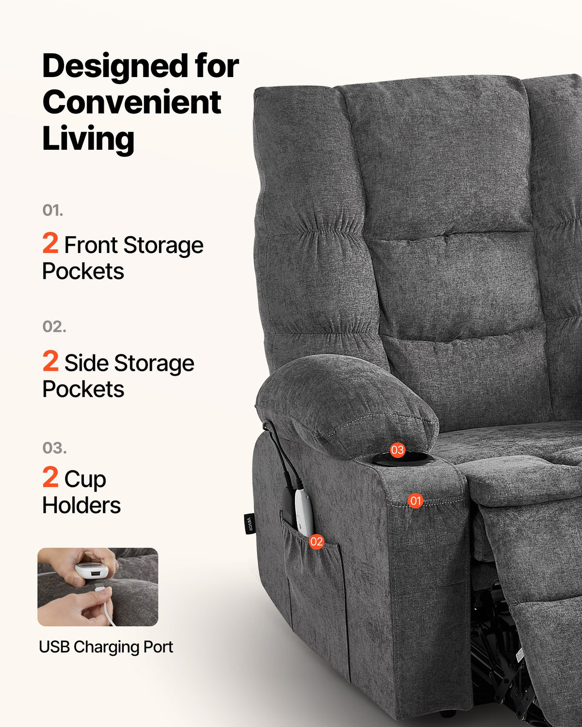 VEVOR Power Lift Recliner Chair, Large Electric Lift Chair with Heat and Massage for Elderly, Infinite Position Adjustment, Chenille Fabric, with Side Pockets, Cup Holders and USB Port, Dark Gray - DDKDTYZSBLDCW3F6T001V1 - view 8