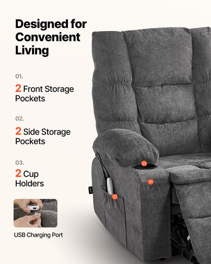 VEVOR Power Lift Recliner Chair, Large Electric Lift Chair with Heat and Massage for Elderly, Infinite Position Adjustment, Chenille Fabric, with Side Pockets, Cup Holders and USB Port, Dark Gray - DDKDTYZSBLDCW3F6T001V1 - view 8