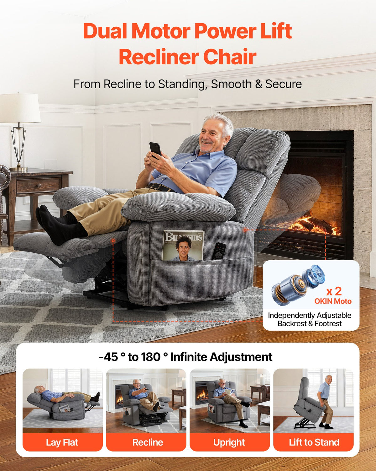 VEVOR Power Lift Recliner Chair, Dual Motor, Oversized Electric Lift Chair with Heat and Massage for Elderly, Infinite Position Adjustment, Chenille Fabric, with Side Pockets, Cup Holders, Light Gray - DDKDTYZSBLOVZTZOK001V1 - view 3