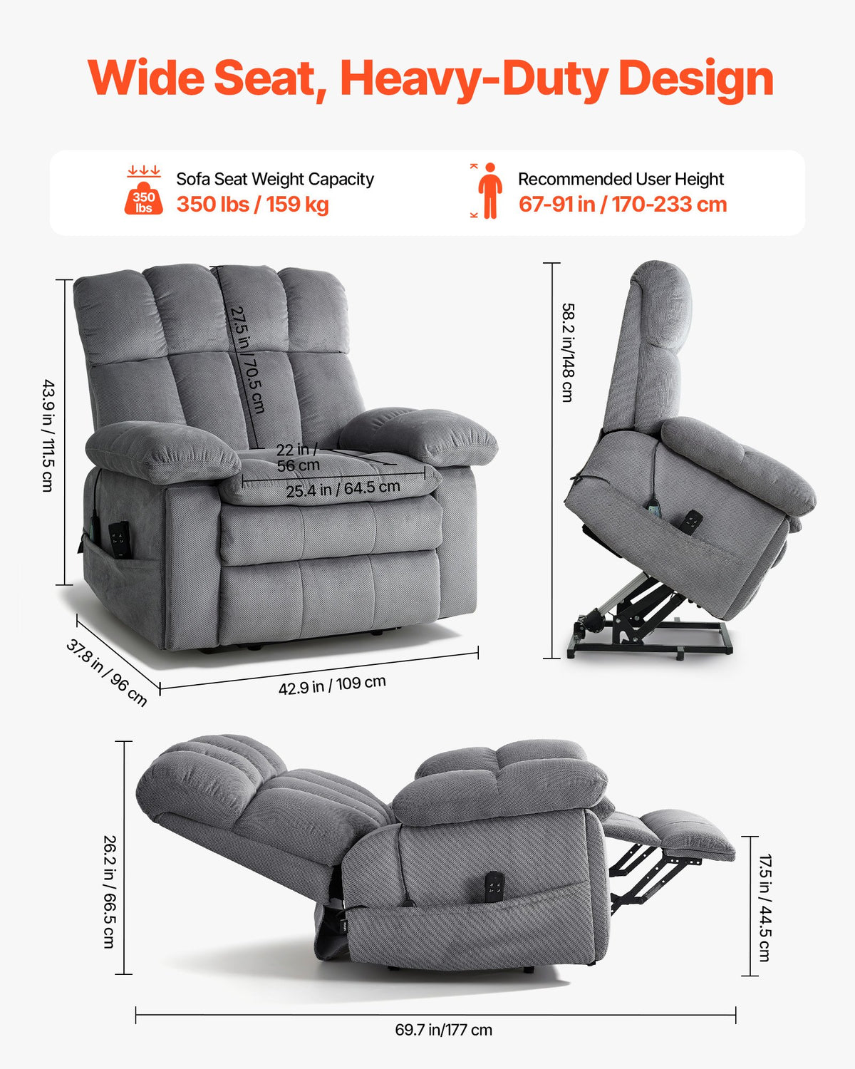 VEVOR Power Lift Recliner Chair, Dual Motor, Oversized Electric Lift Chair with Heat and Massage for Elderly, Infinite Position Adjustment, Chenille Fabric, with Side Pockets, Cup Holders, Light Gray - DDKDTYZSBLOVZTZOK001V1 - view 4
